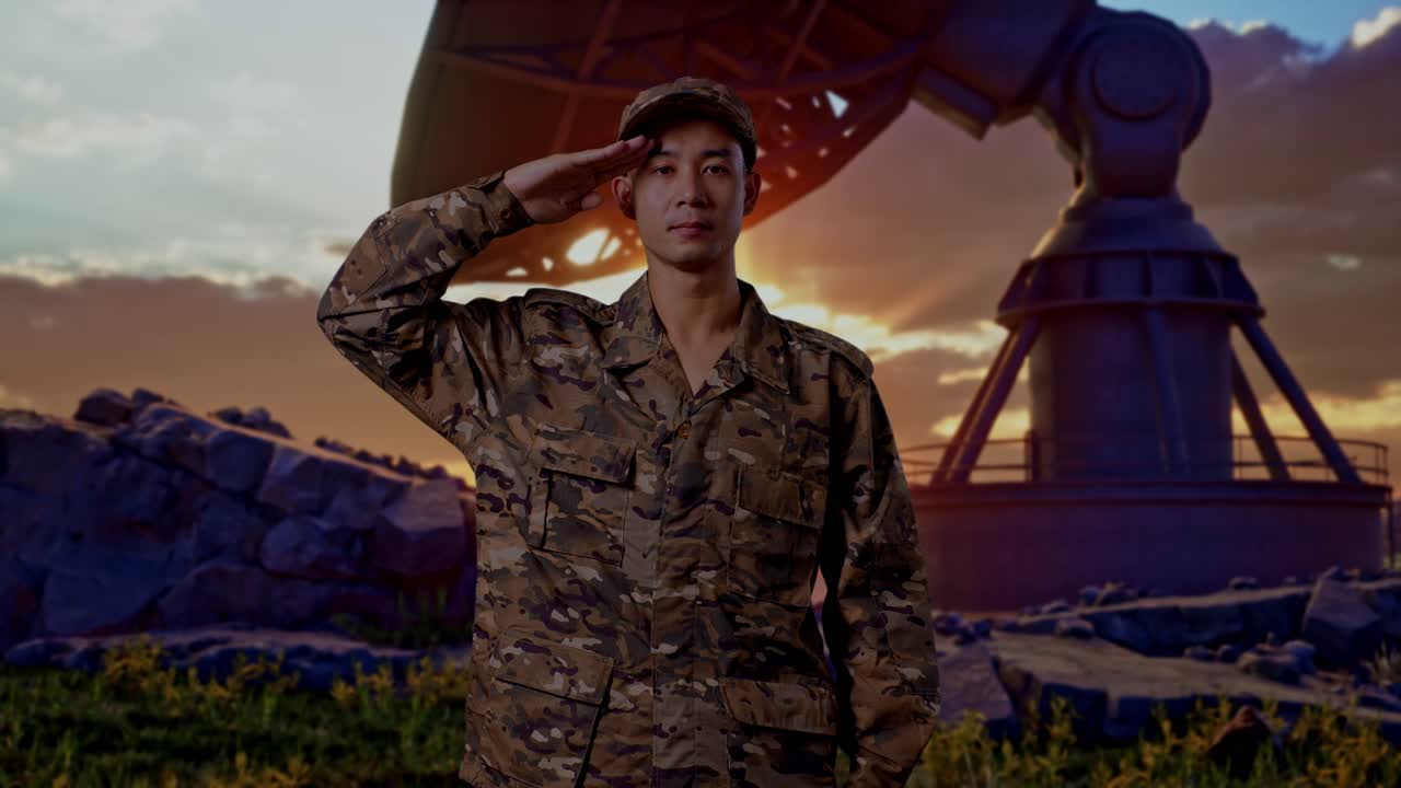 Asian Man Soldier Saluting While Standing With Satellite Dish