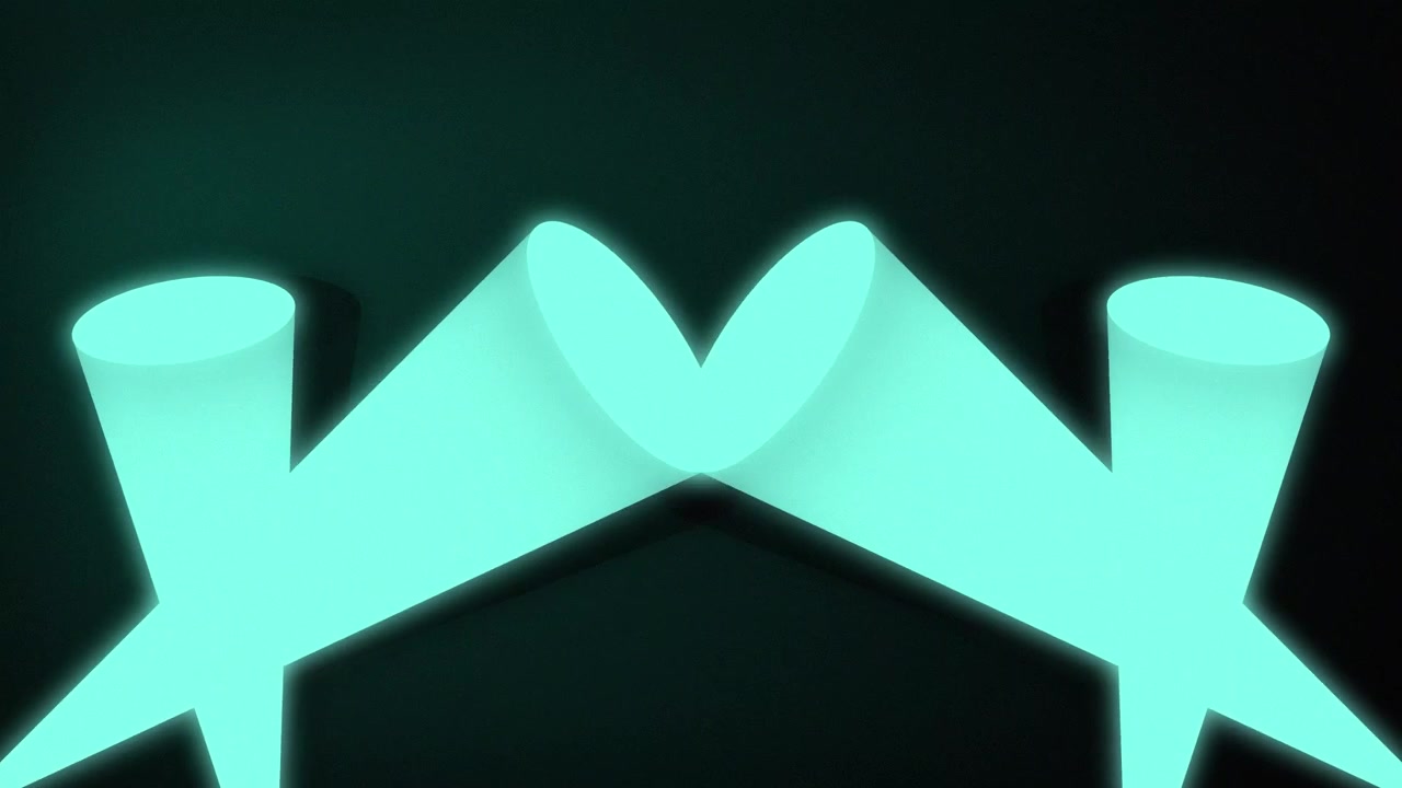 Animated glowing pair of stage spotlights beaming projector icons against a dark gradient grainy background abstract cinematic visual effects and digital shape graphics in vibrant colours teal aqua