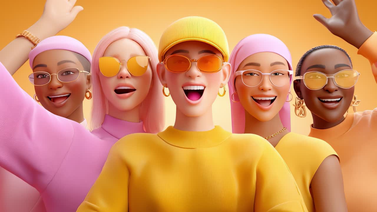A vibrant and joyful group of animated characters showcasing their playful fashion sense with bright colors and unique accessories, promoting friendship and happiness in a lively atmosphere
