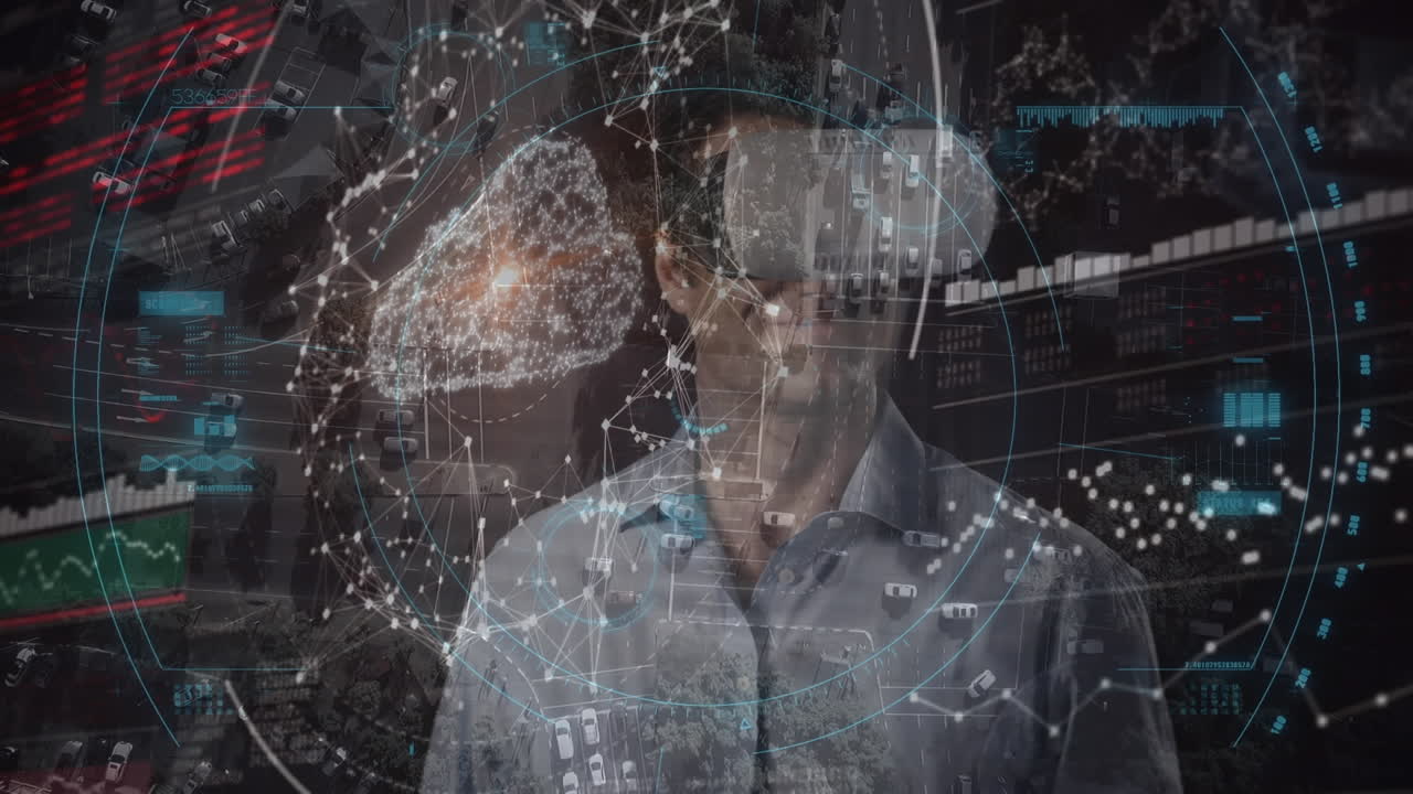 스 ⁇  스캔과 데이터 처리의 애니메이션 vr 헤드 ⁇ 을 착용한 사람