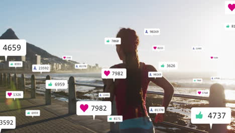 animación de participación en las redes sociales sobre una mujer corriendo a lo largo del paseo marítimo