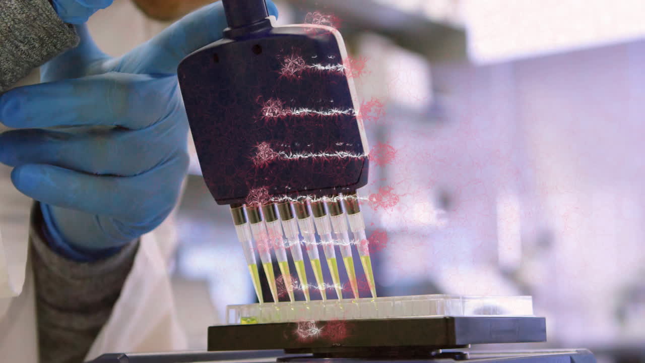 animación de una cadena de adn sobre un científico masculino biracial en el laboratorio