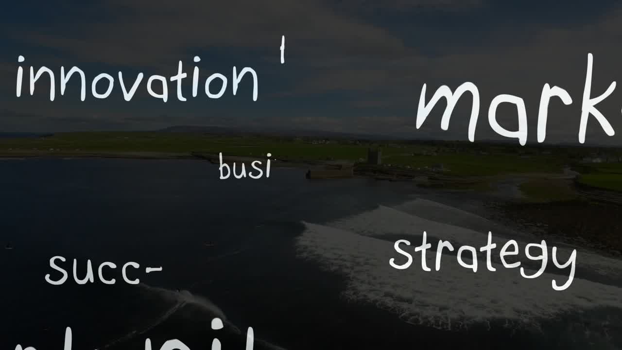 Panning shore text forming business and swirling opportunity marketing innovation strategy fading