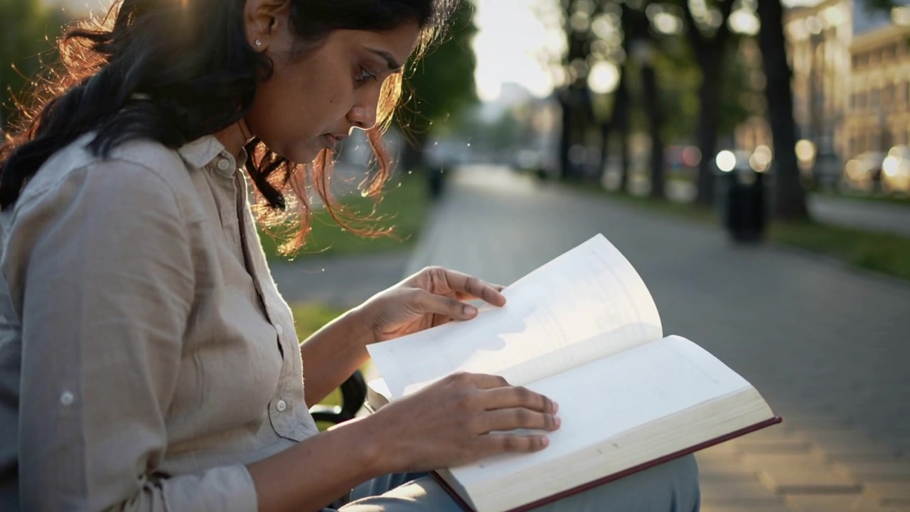 Donna che legge in camicia chiara e jeans, chinata in avanti, che sfoglia un libro con copertina rigida su una panchina, con spazio per il testo