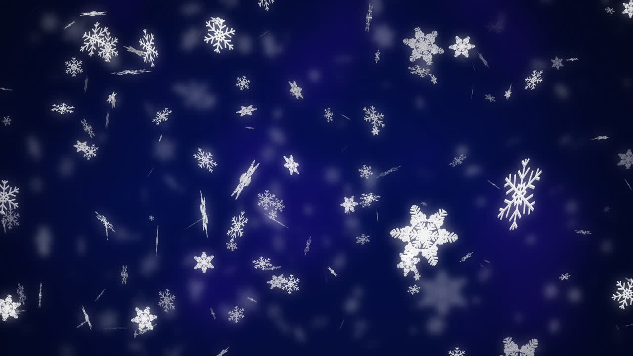 Animation of snow flakes falling on blue background