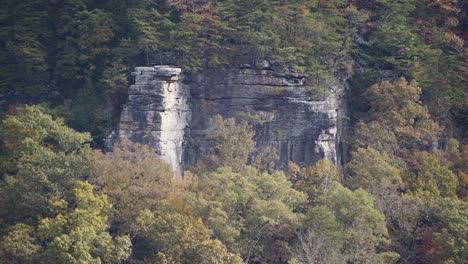 static shot of a large cliff face surrounded by autumnal trees in the mountains