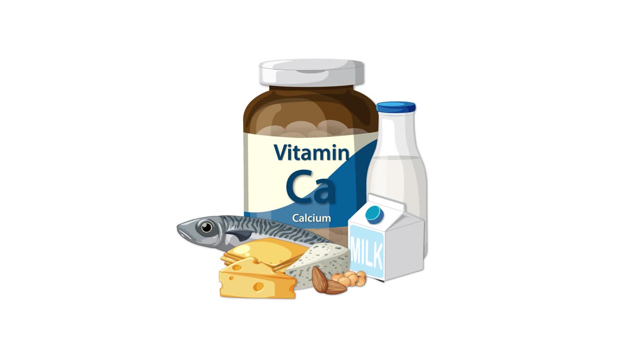 Calcium supplement bottle with milk, cheese, fish, and nuts appears on clean white background