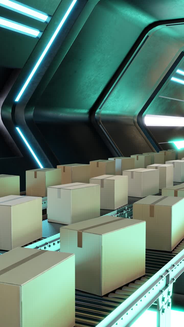 3D animation loop of carton boxes on conveyor system in modern factory
