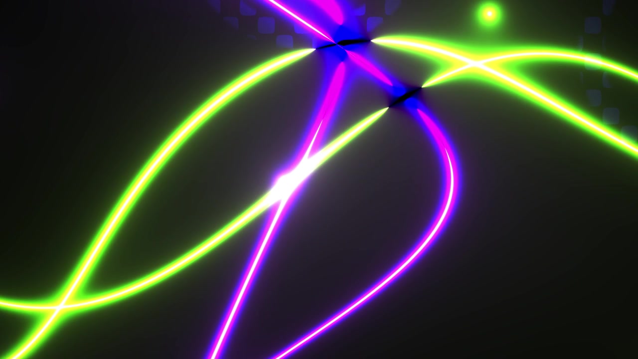 Linee neon luminose astratte in movimento su sfondo scuro.