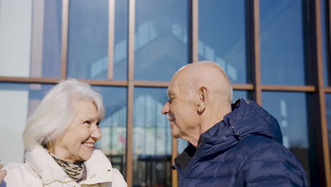 senior couple making a selfie with smartphone while the man is kissing her wife in the street on a winter day