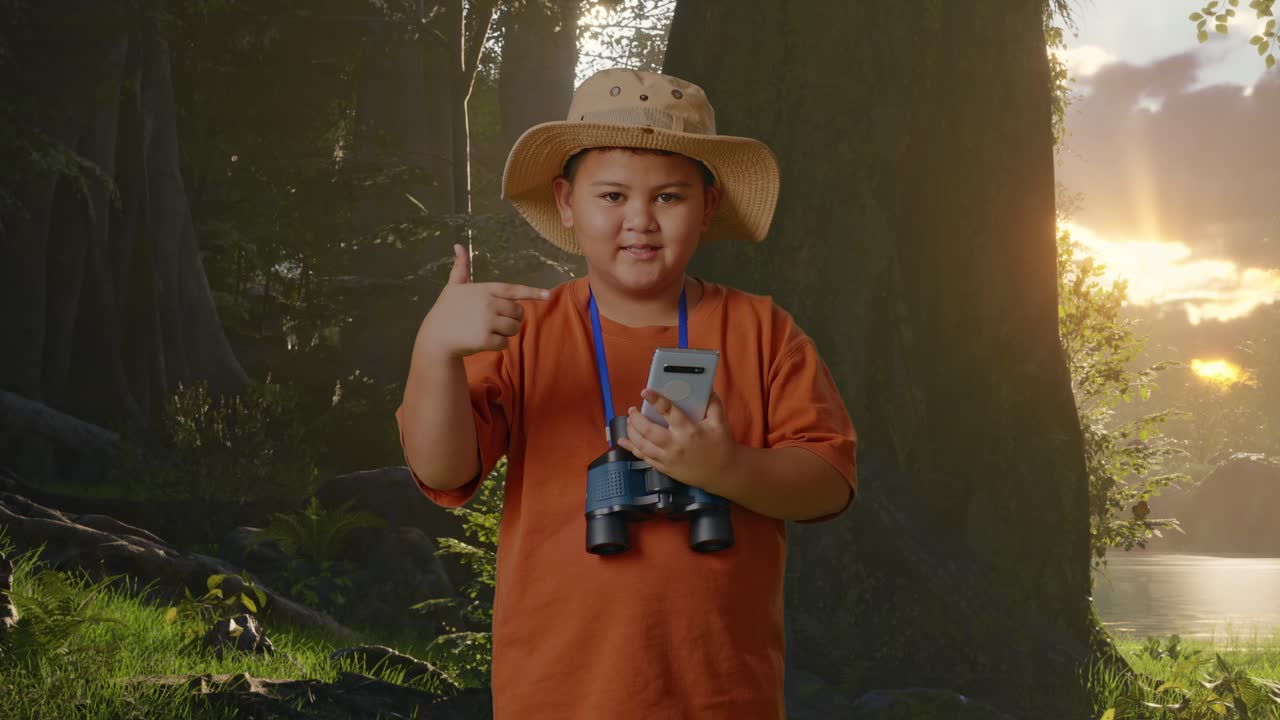 niño asiático con sombrero y binoculares sonriendo y señalando al teléfono inteligente mientras explora la naturaleza forestal. niño investigador examina algo, concepto de aventura de turismo de viaje