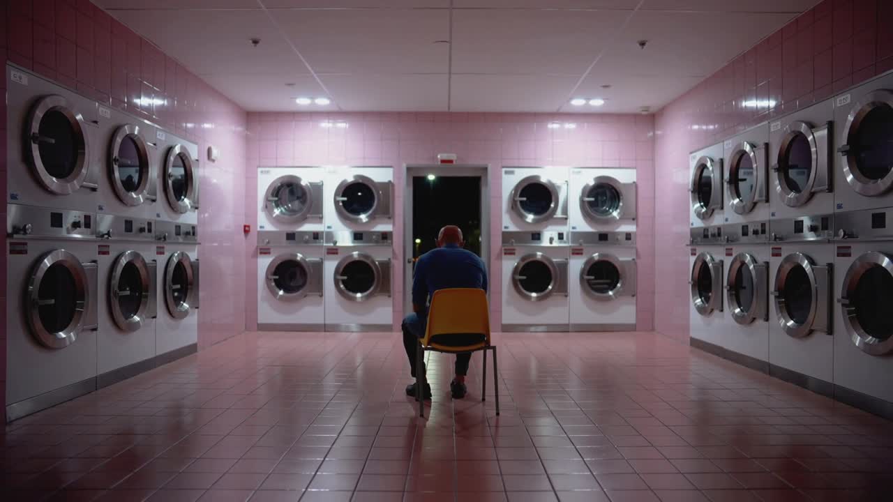 Sitting midlife man in blue shirt waiting for laundry at laundromat on yellow chair facing washers