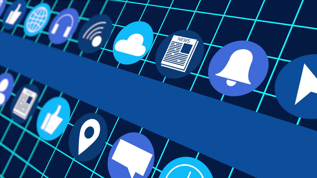 Animation of digital online icons and blue stripe moving over grid on dark blue background