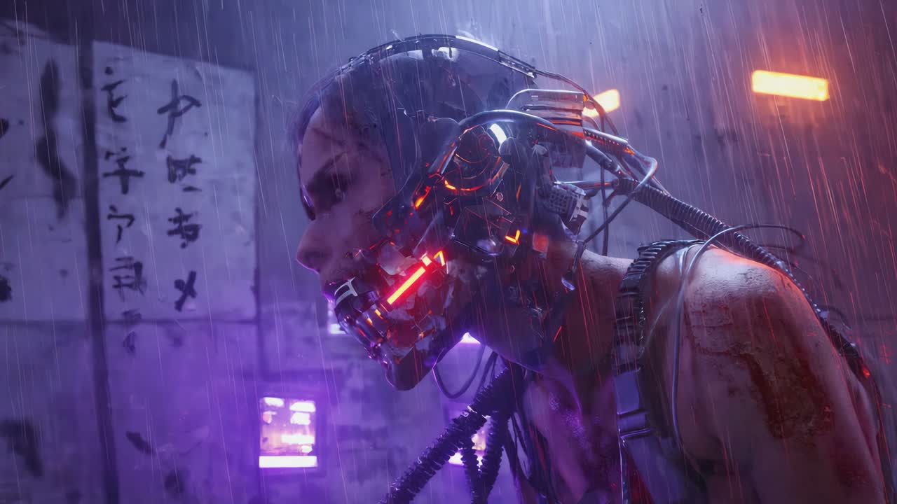 Cyberpunk Augmented Character in Rainy Urban Setting