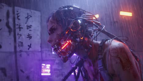 cyberpunk augmented character in rainy urban setting