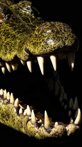 close-up of a crocodile's open mouth with sharp teeth