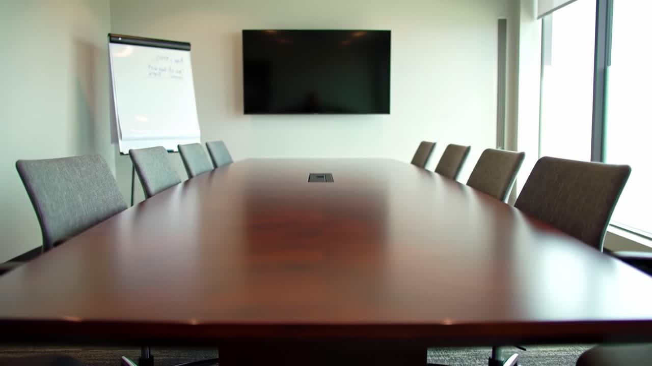 Modern Conference Room with Long Wooden Table, Comfortable Chairs, and a Large Screen for Presentations, Ideal for Meetings and Collaborative Discussions