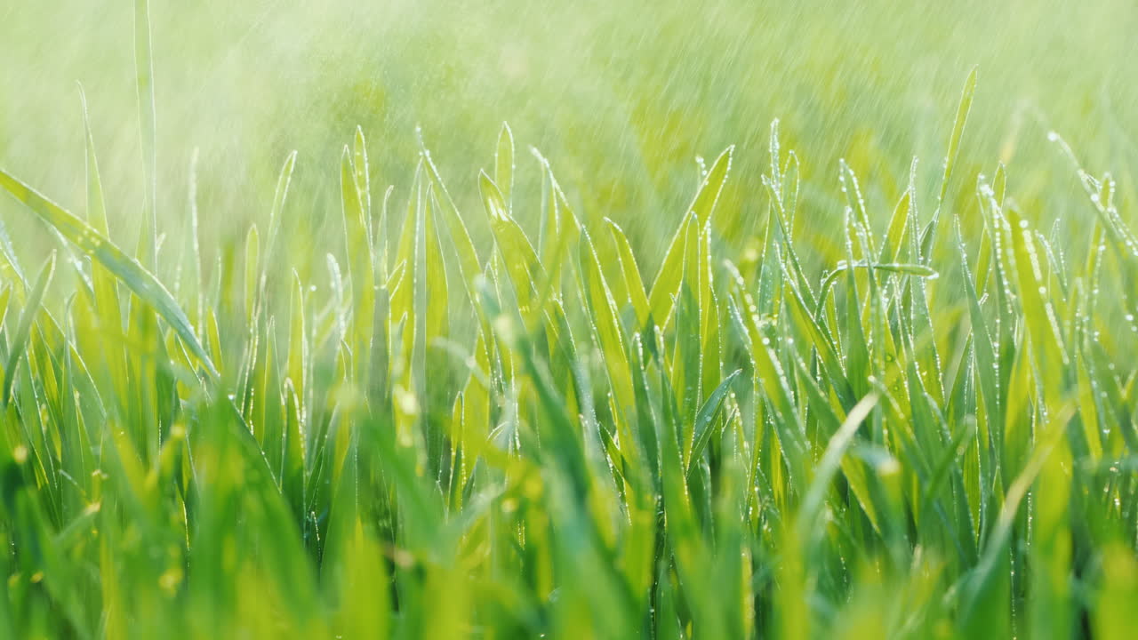작은 물방울이 푸른 잔디에 떨어진다