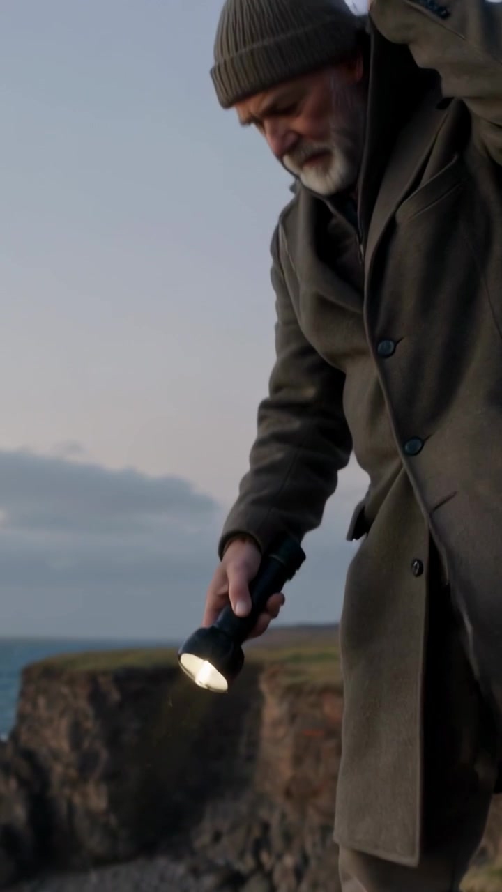 Vertical video: Scanning bearded man in coat angling torch on coast cliff at dusk, checking footing
