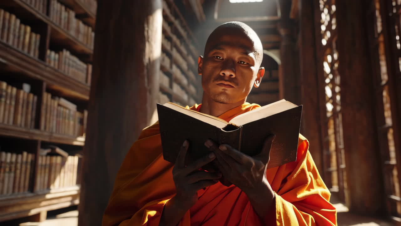 Monk Reading in a Historic Library