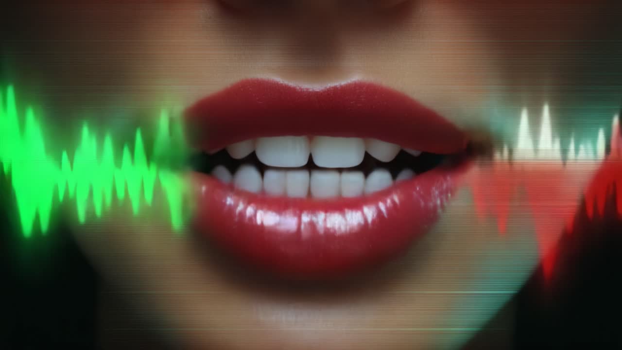 Uma perspectiva em close-up de lábios brilhantes com ondas sonoras representando a voz e a dinâmica da comunicação em uma interação audiovisual visualmente deslumbrante.