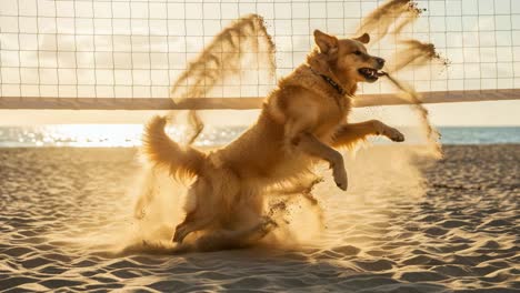 a playful golden retriever enjoys a joyful day at the beach, jumping through the sand with energy and excitement while volleyball nets stand in the background
