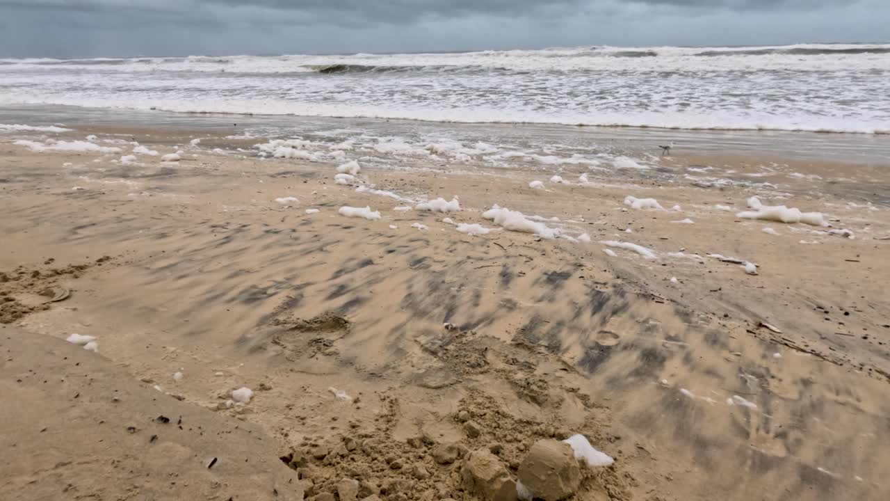 바다의 거품과 흐린 하늘 아래의 격렬한 파도와 함께 폭풍우의 해변 장면은 자연의 원시적인 힘을 포착합니다.