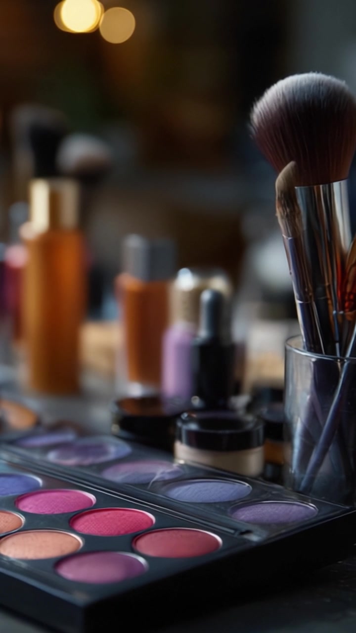 A Captivating Close-Up of Beauty Products: Makeup Palettes, Brushes, and Bottled Cosmetiques on a Stylish Vanity Table Display