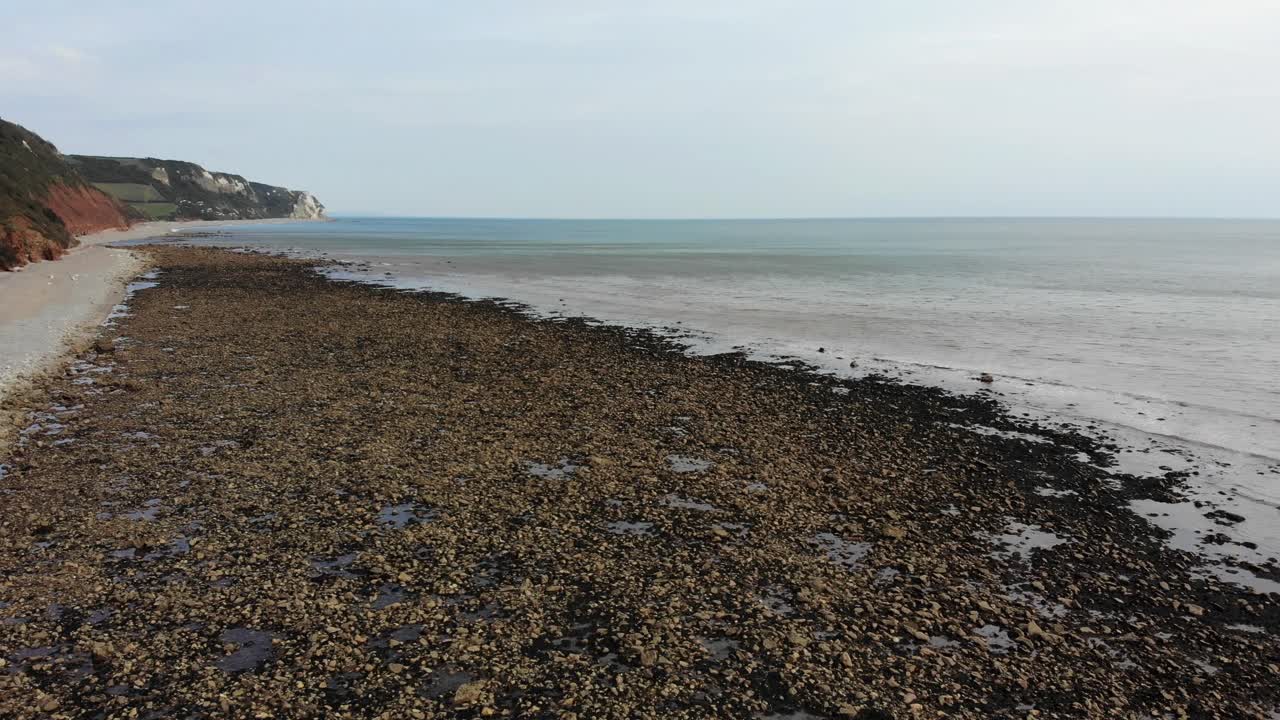 Aerial forward shot of Branscombe beach when the tide is out exposing the rocks