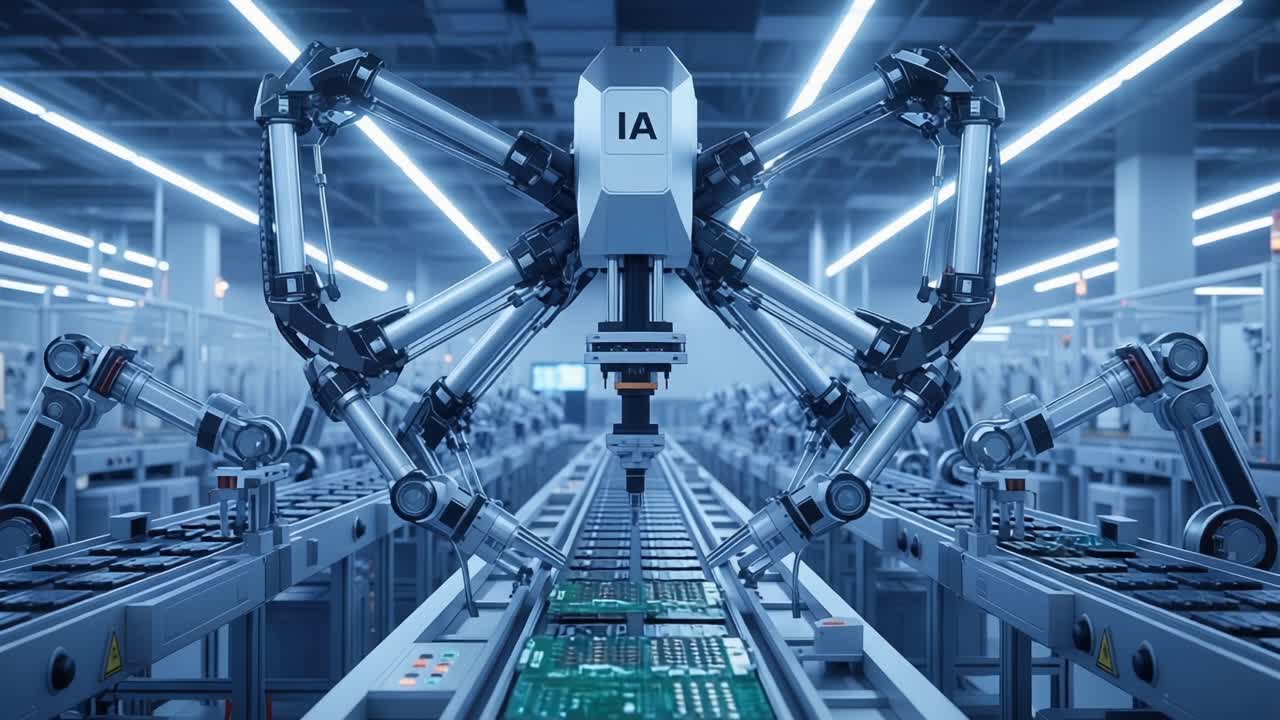 Advanced Robotic Assembly Line: Precision Machinery in a High-Tech Manufacturing Facility Enhancing Efficiency and Productivity Using AI Technology