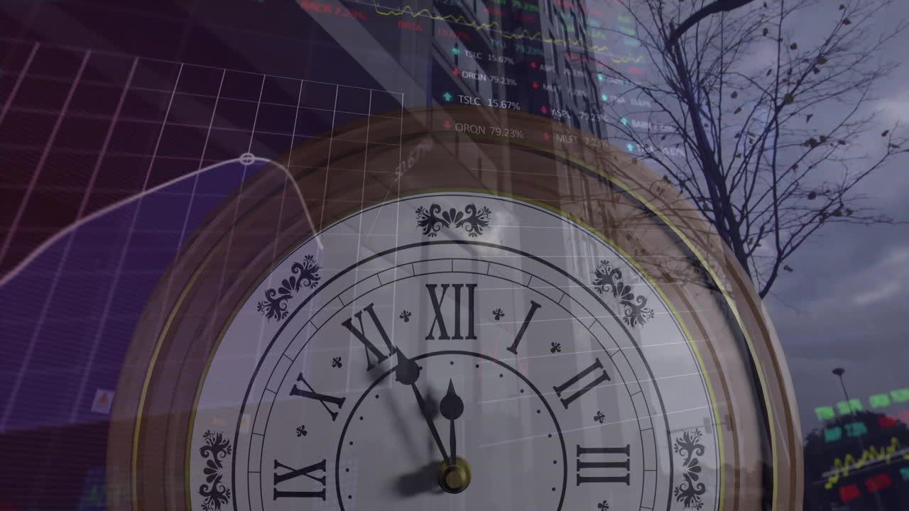 금융 데이터 처리의 애니메이션 (시계 틱과 도시)