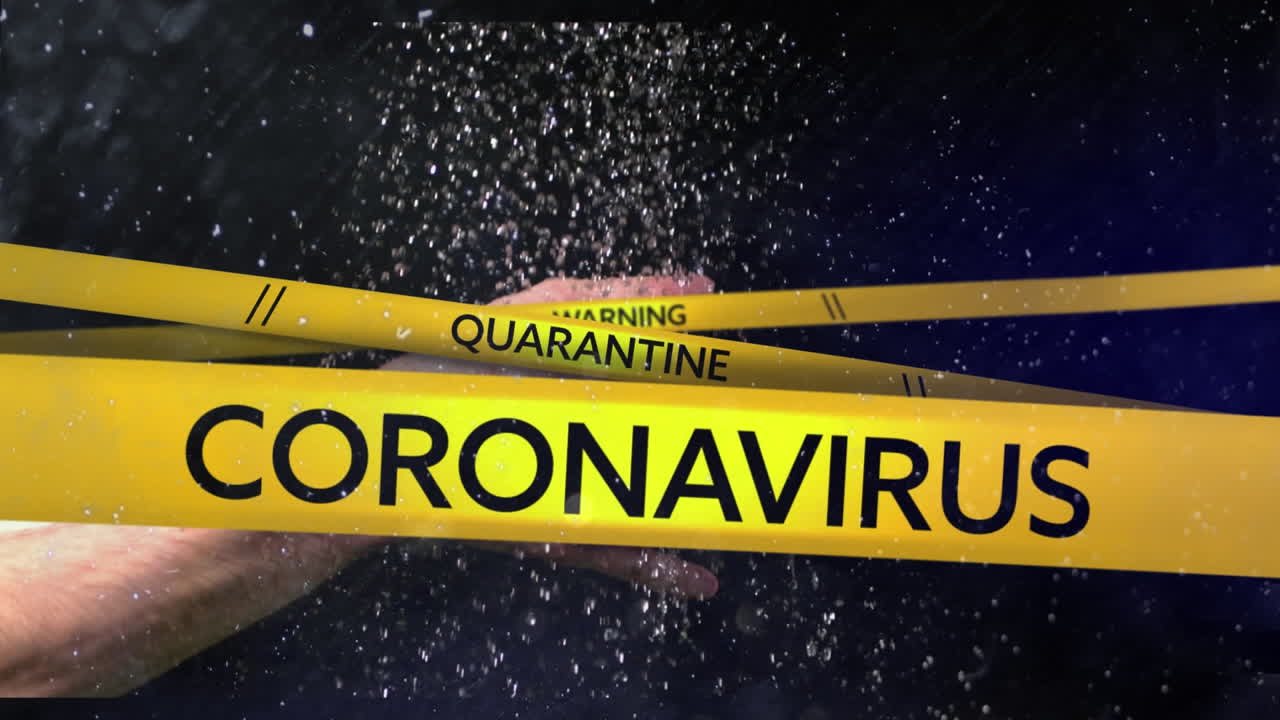 Words Coronavirus, Quarantine and Warning written on yellow tape over person washing hands