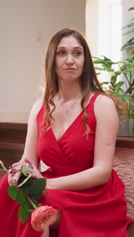 una mujer feliz con una rosa se sienta en un banco en el pasillo. una dama sonriente con una túnica roja sosteniendo flores frescas espera a su prometida en el vestíbulo del teatro. una cita romántica