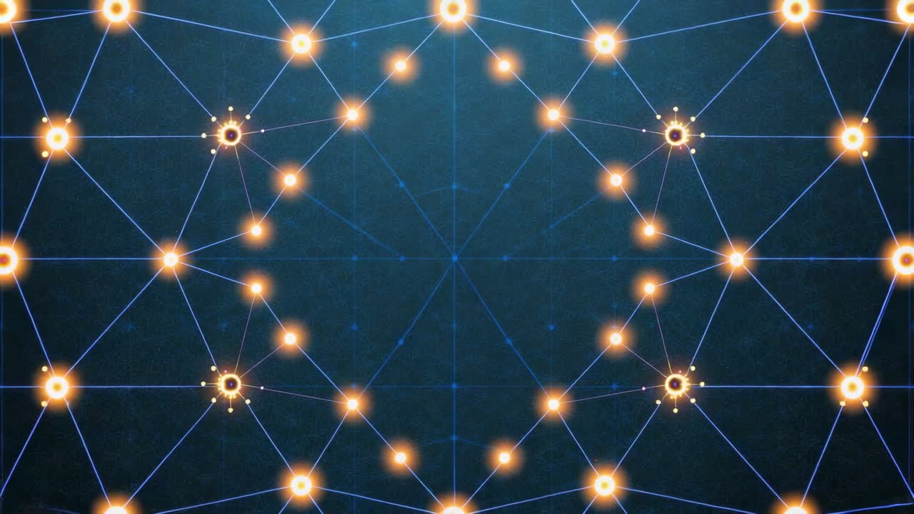 Tracing links, circular network forming on deep blue gradient, glowing orange-gold nodes pulsing