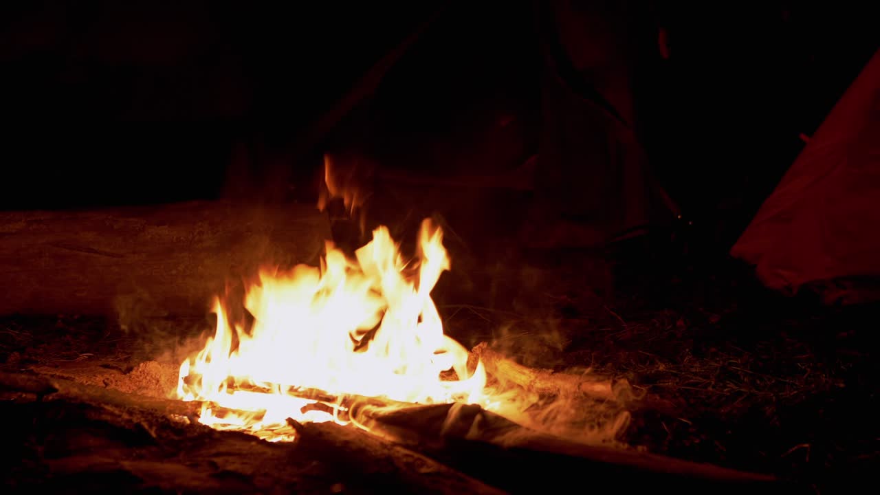 숲 속의 관광 텐트의 배경에 밝은 밤 불꽃이 타고 있습니다.