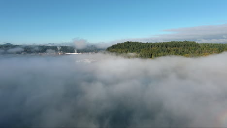 drone captures the morning haze over puget sound, revealing the silhouette of the mountain range in the background. the ethereal scene evokes a sense of calm and natural beauty