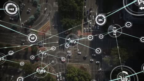 animation of network of connections over cityscape