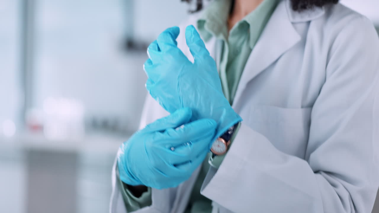 Medical science, gloves and a woman in laboratory