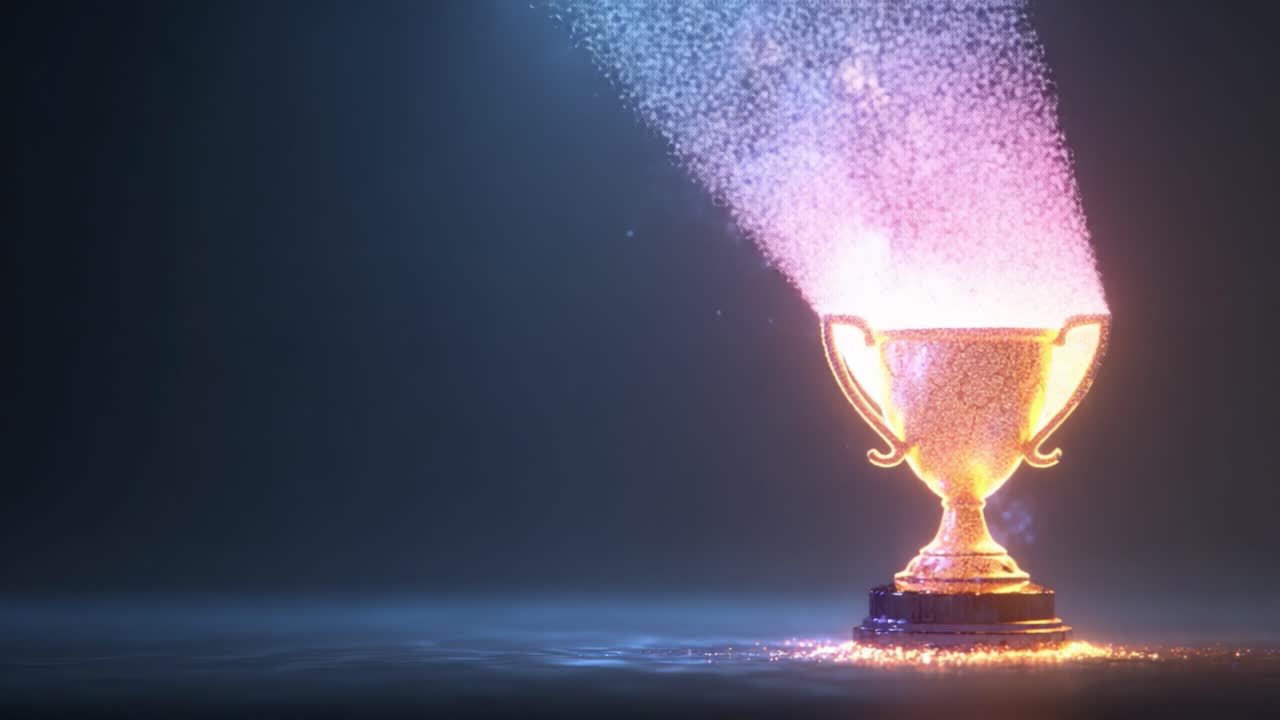 A Spectacular Glowing Trophy Emerges from the Shadows, Sparkling with Vibrant Particles and Colorful Light, Signifying Achievement and Celebration in a Magical Atmosphere
