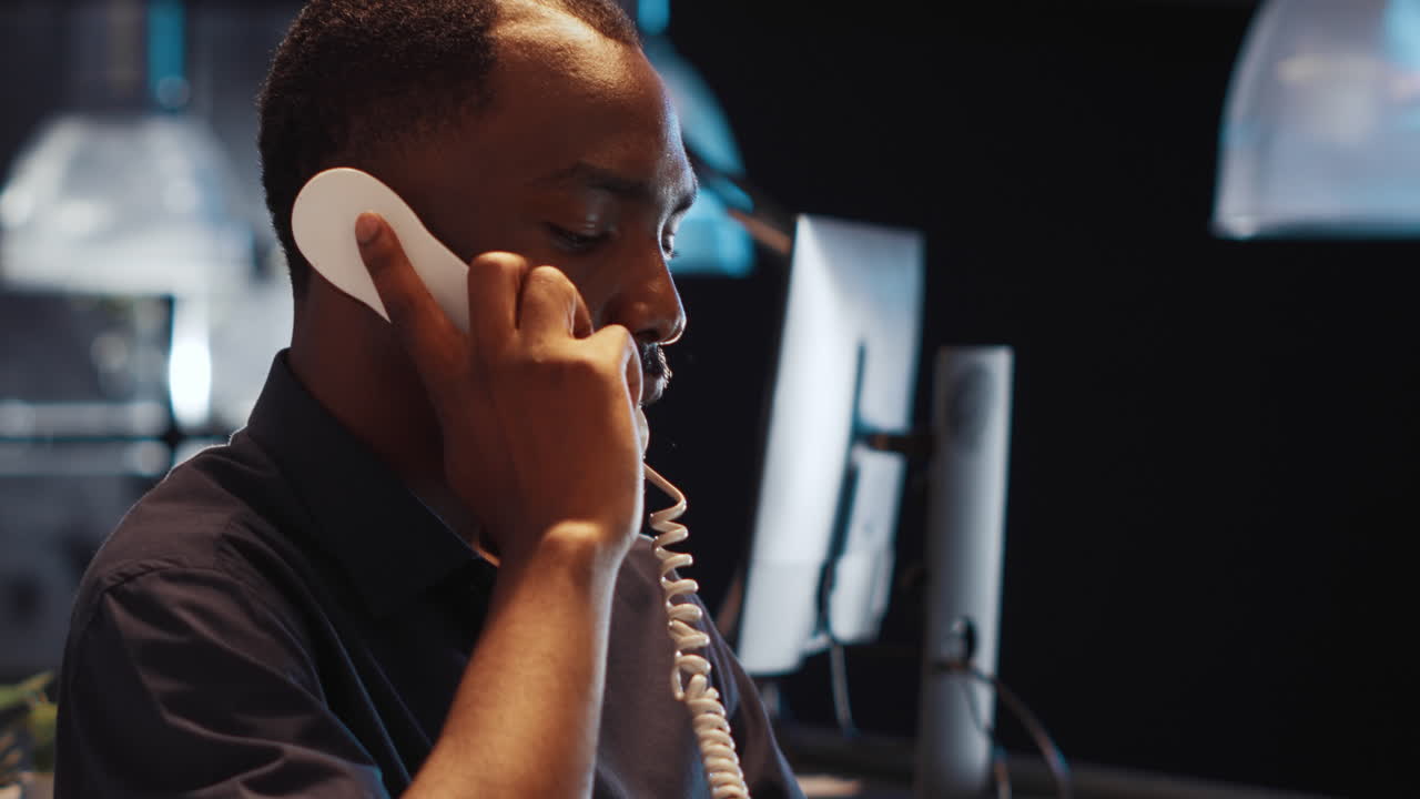 African american man answering landline phone call late at night