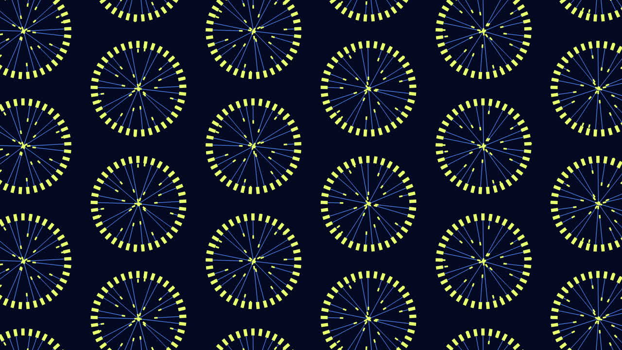 Motivo a spirale simmetrico di cerchi gialli e blu su sfondo blu scuro