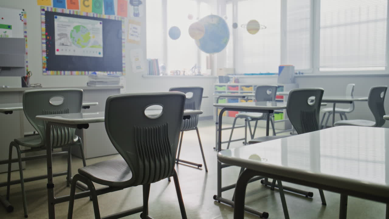 American Primary School Interior of Modern Empty Classroom with Desks for Students