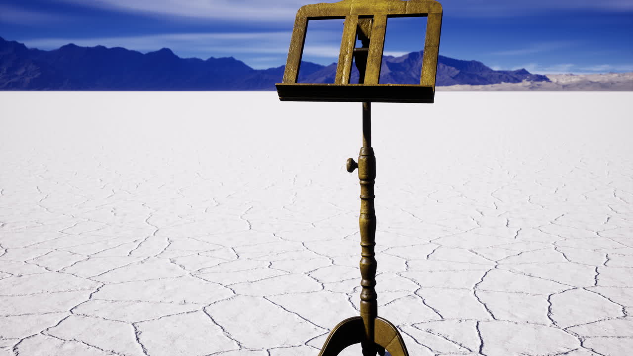 푸른 하늘 아래 산의 배경과 함께 소금 평야에 혼자 서 있는 기둥