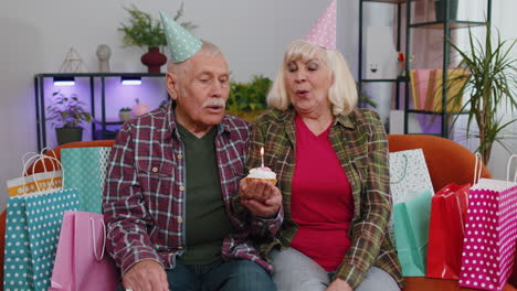 feliz familia anciano hombre mujer celebrando cumpleaños aniversario sostener pastel hace deseo en casa