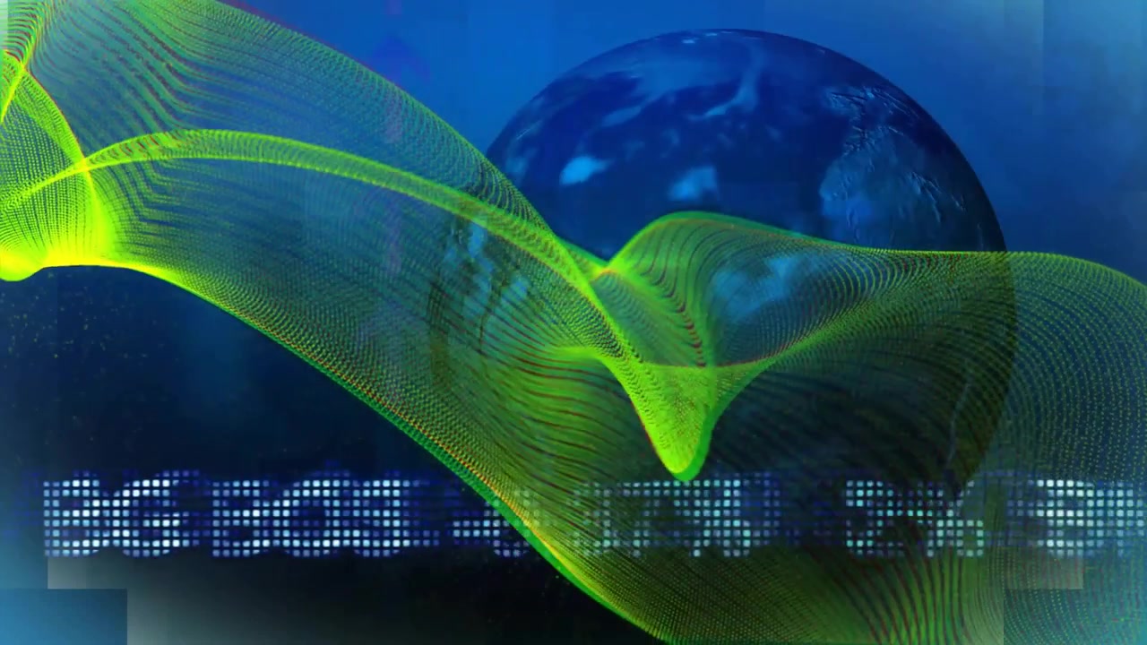 Neon green mesh wave twisting over deep blue globe with floating pixelated dots and blurred text