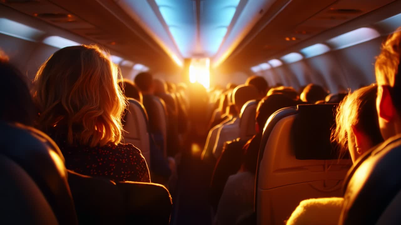 Capturing the Journey: A Light-Drenched Moment Inside an Airplane as the Sun Sets, Offering a Beautiful View of Passengers Quietly Experiencing the Tranquil Yet Dynamic Atmosphere During Flight