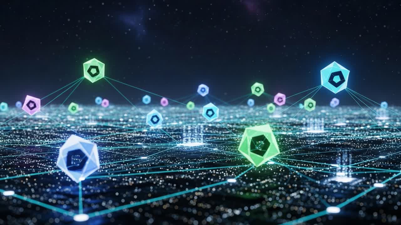 Ethereal Visualization of Network Dynamics Showcasing Geometric Shapes and Data Connections in a Futuristic Digital Landscape