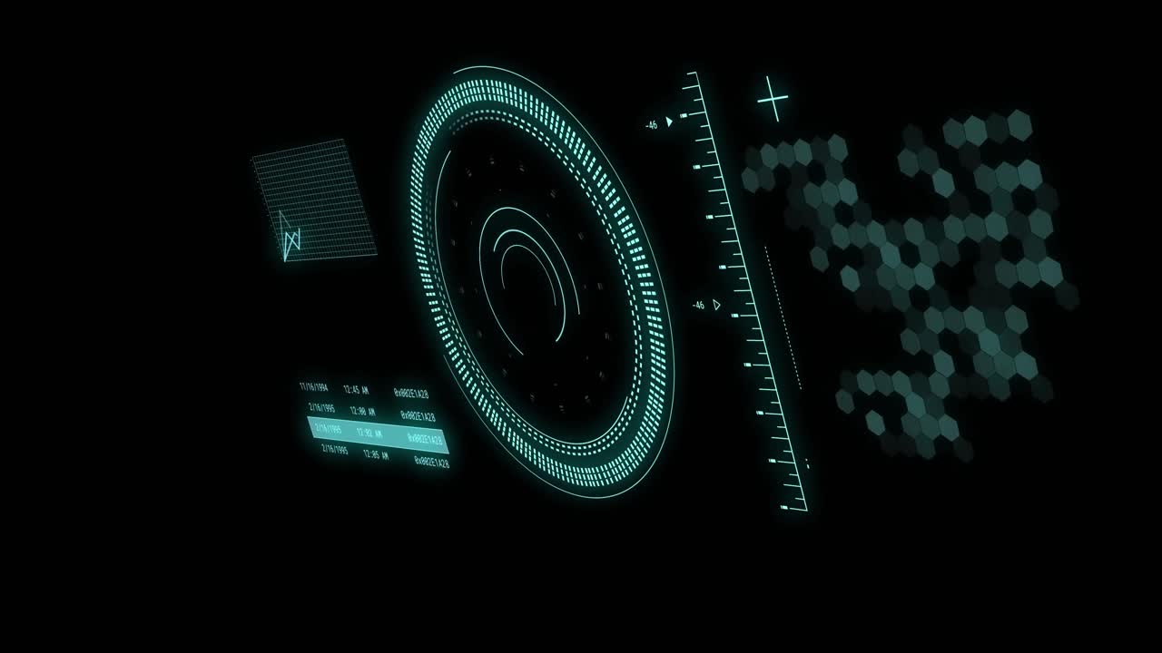 Animation of data processing with scope scanning on black background