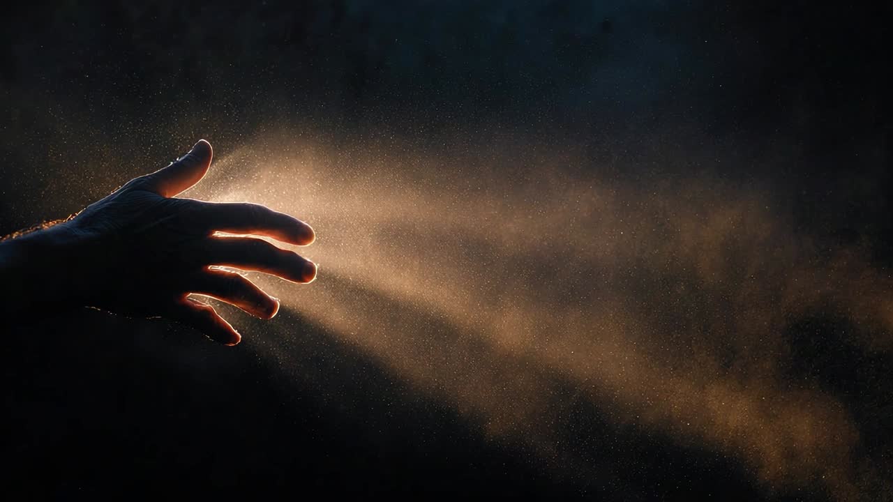 Raggi di luce brillano attraverso le particelle mentre una mano si protende nel buio
