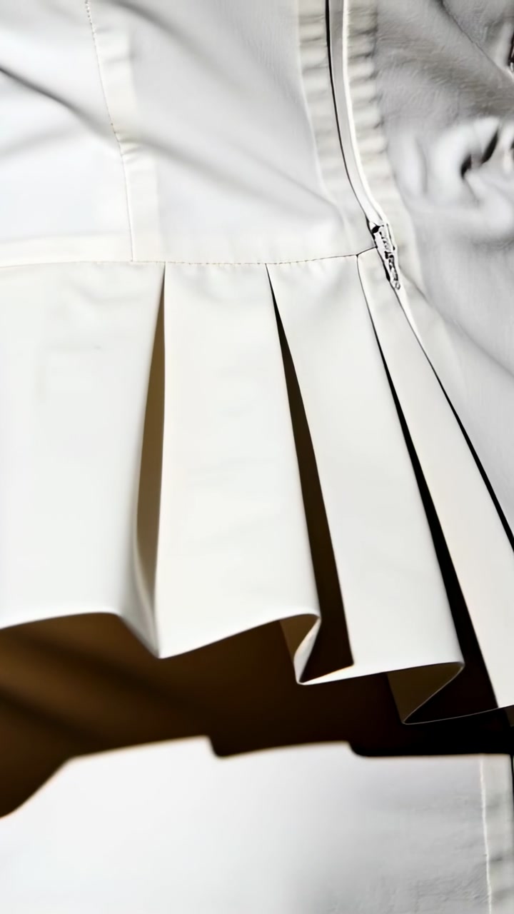Female model moving on studio set, arm shifting pleats under harsh light, showing seams for fashion